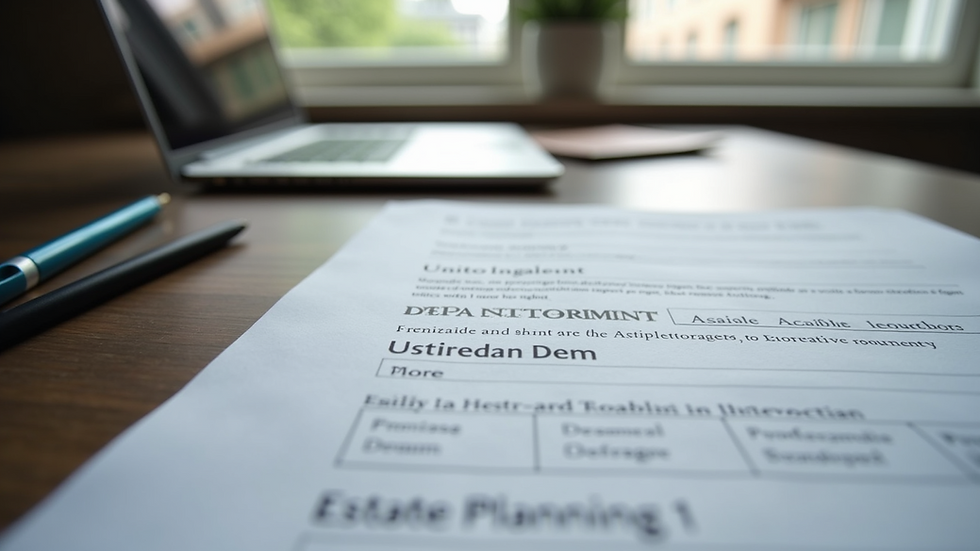 Eye-level view of a neat desk with a laptop and estate planning documents