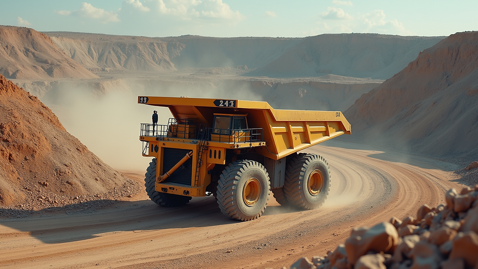 High angle view of autonomous mining truck operating in open pit mine