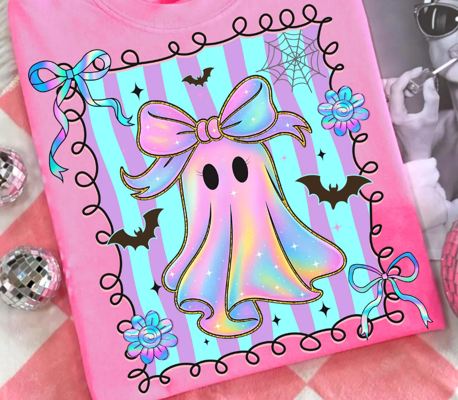 Holographic ghost Halloween T-shirt with pink coquette bow – cute spooky fall fashion