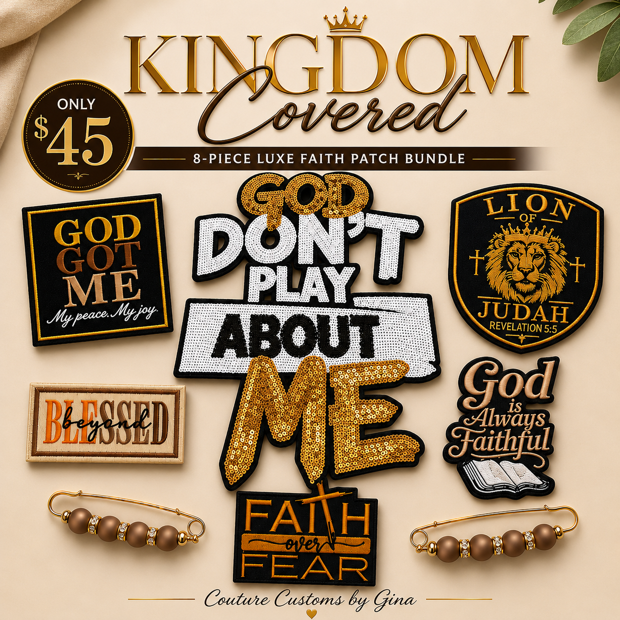 Kingdom Covered 8-piece luxe faith iron-on patch bundle featuring gold, mocha, cream and black patches with two embellished p