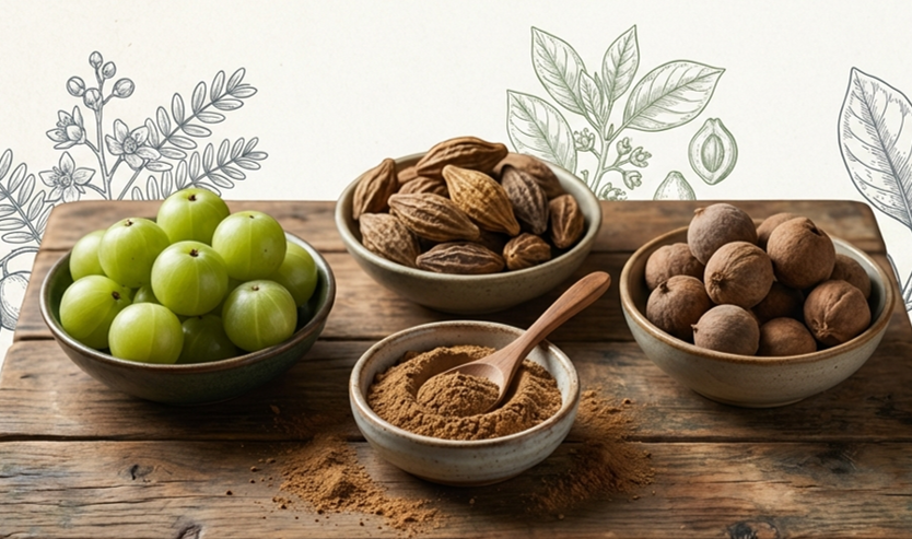 triphala - with the three fruits of Amla, Vibhitaki and Haritaki