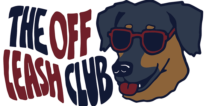 the off leash club logo, a dog wearing sunglasses