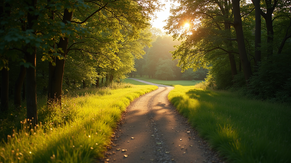 High angle view of a peaceful nature trail surrounded by trees and sunlight