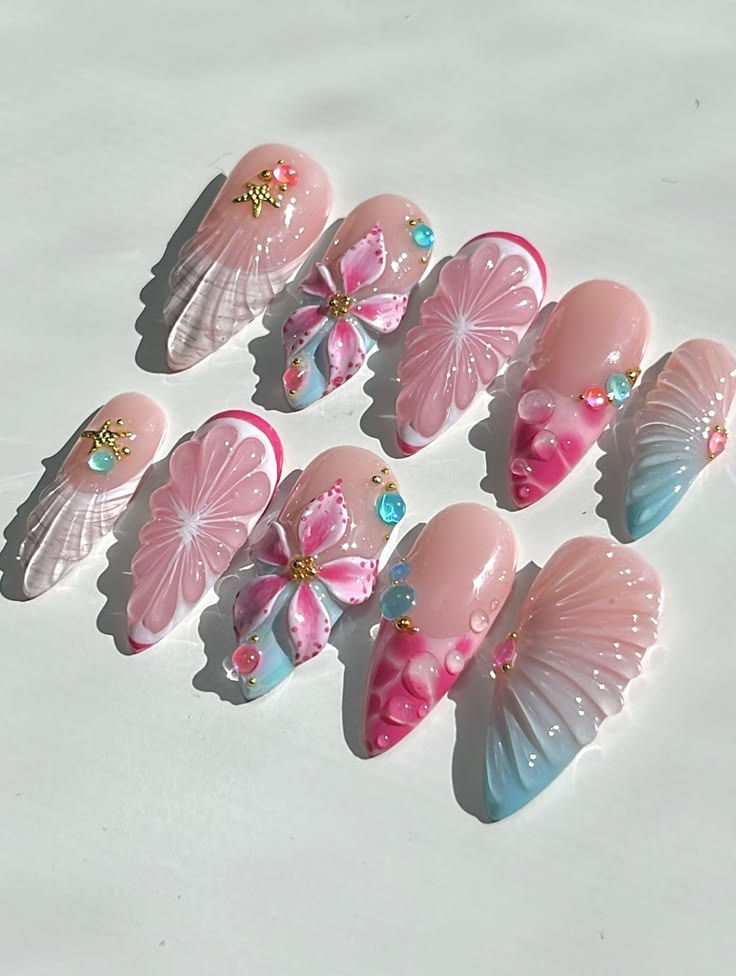 Plump & juicy summer nails πΈπ¬__Tier 2 Press on set__Custom press ons ~ order through DMs_(Aus wide shipping)__3d flower nails _ citrus nails _ summer nails _ pink nails _ seashell nails #perthnailartist #pressons
