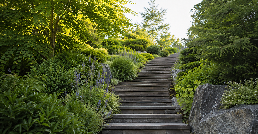 Stone or wooden staircase through greenery