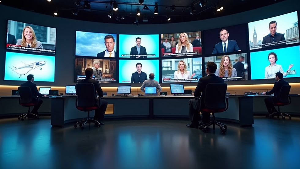 Eye-level view of a modern newsroom with multiple screens showing entertainment news