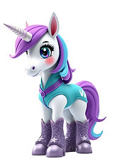 cute animated unicorn wearing teal, purp