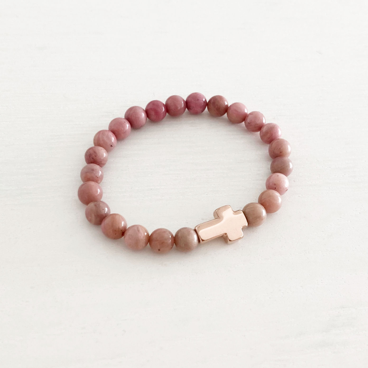 Rose Gold Cross Pink Rhodochrosite Bracelet