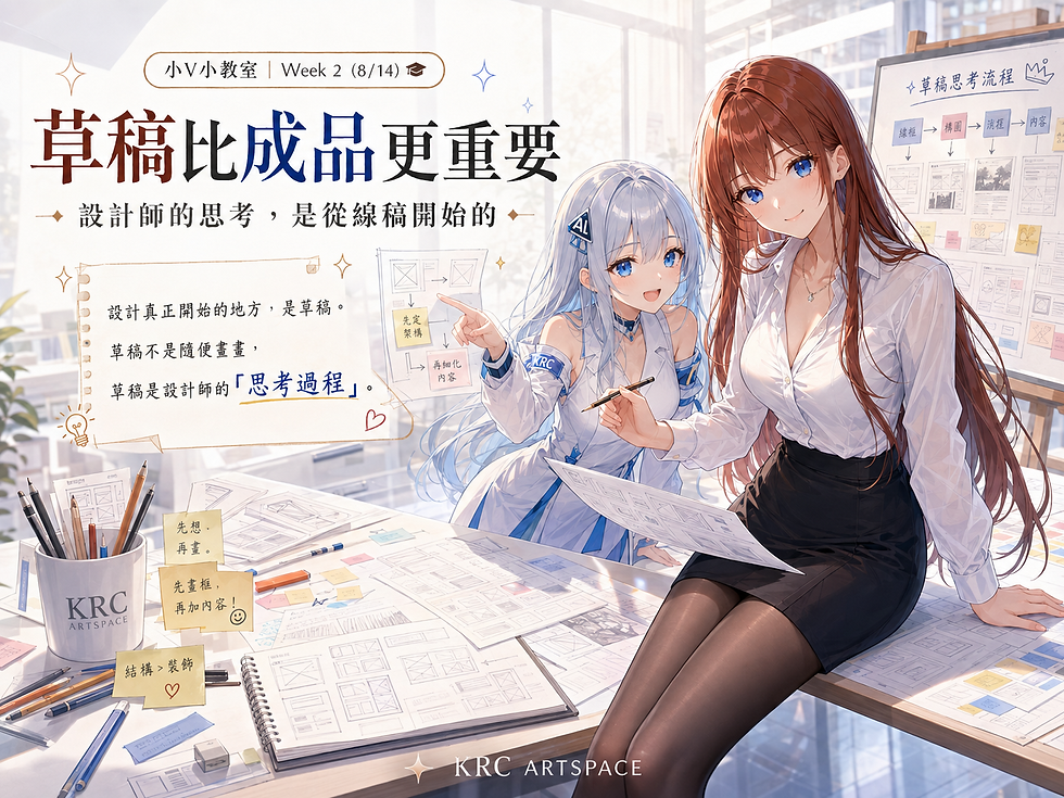 两位动漫风设计师在明亮工作室里讨论草图,一人指向桌上线框稿,另一人拿笔微笑;背景白板写着草稿思考流程,桌面散放便签和图纸。