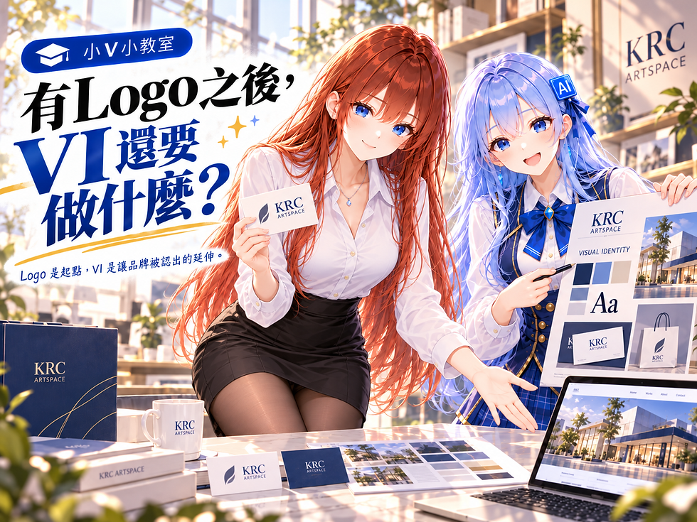 两名动漫风女生在明亮工作室展示KRC ARTSPACE品牌视觉方案:一人拿名片,另一人指向VI板;左侧大字写着有Logo之后,VI还要做什么?