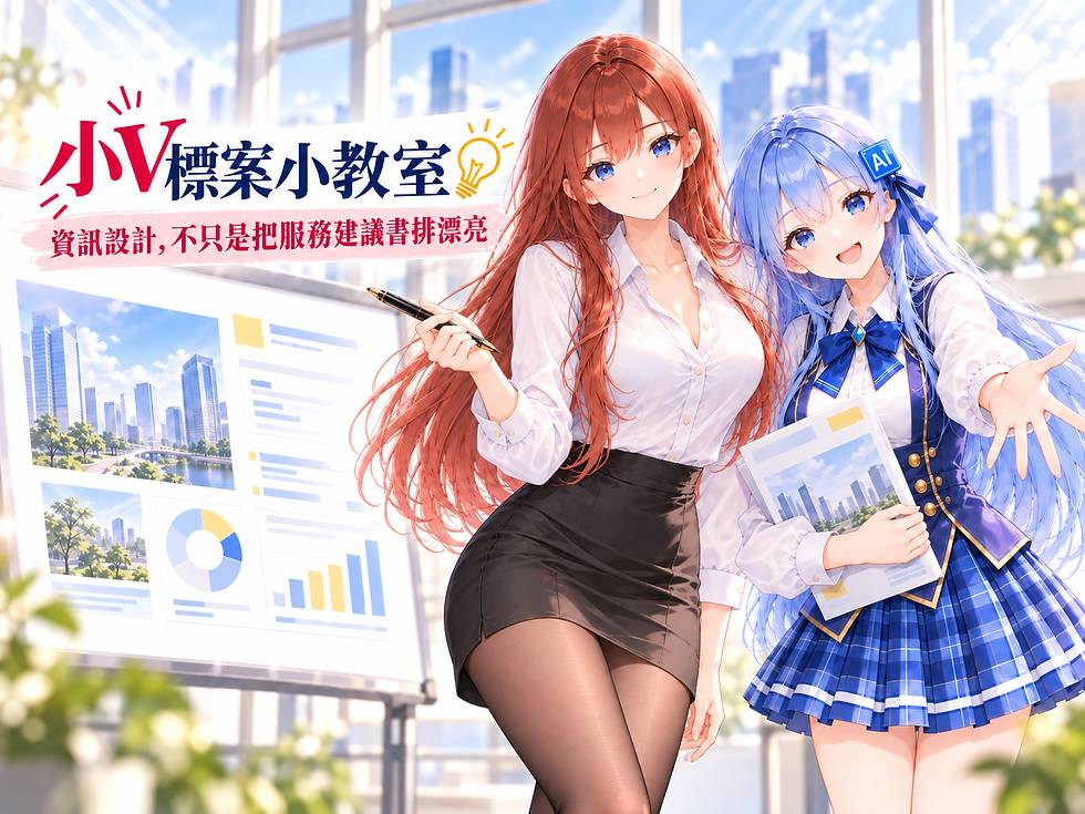 小V標案小教室,資訊設計,不只是把服務建議書排漂亮;紅髮與藍髮女子在明亮教室前展示簡報與圖表,微笑互動。