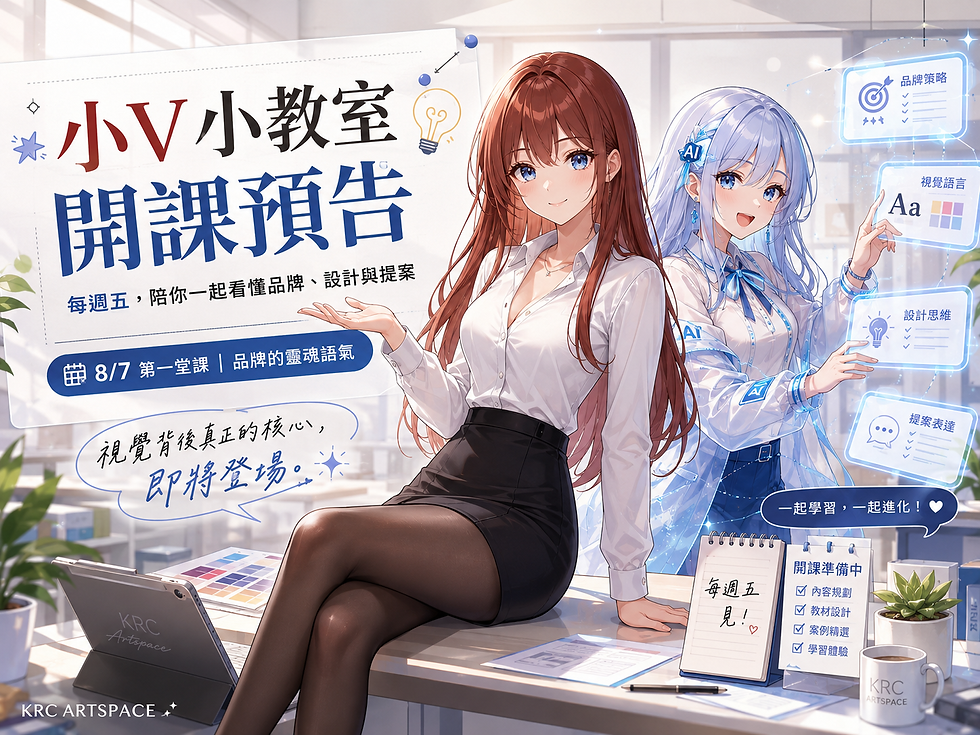 两位动漫风女性在明亮办公室介绍「小V小教室」开课预告,旁有AI与设计主题浮窗,桌上平板、笔记本,氛围轻快专业