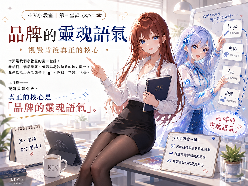 明亮教室風插畫,長髮女子指向白板授課,旁有藍髮女子示範;標題寫品牌的靈魂語氣,白板列Logo、色彩、Aa、視覺。