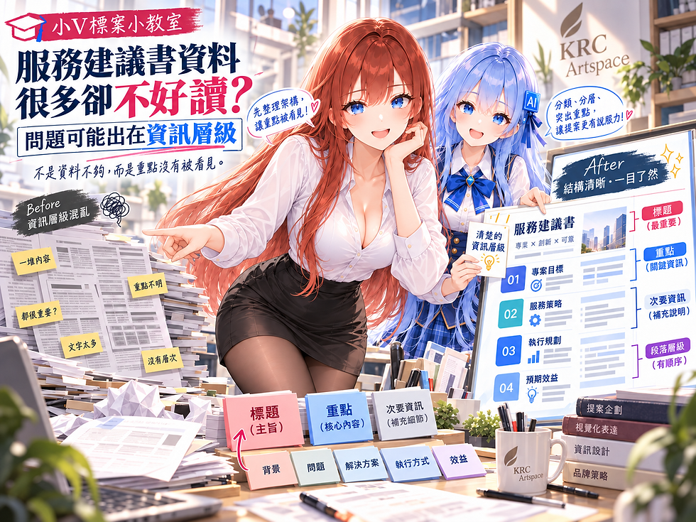 兩位動漫風女子在明亮辦公室教學服務建議書整理法,前景滿桌文件與便利貼,畫面對比 Before/After,標示標題、重點、次要資訊等。