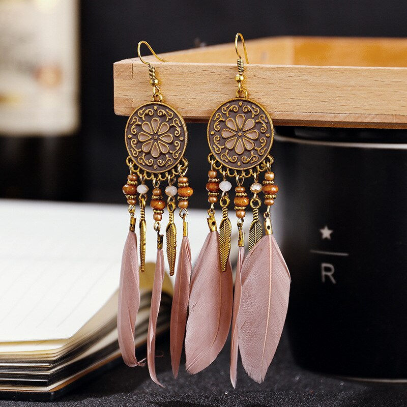 Thumbnail: Boho Long Feather Dangle Women's Earrings Beach Long Tassel Beads