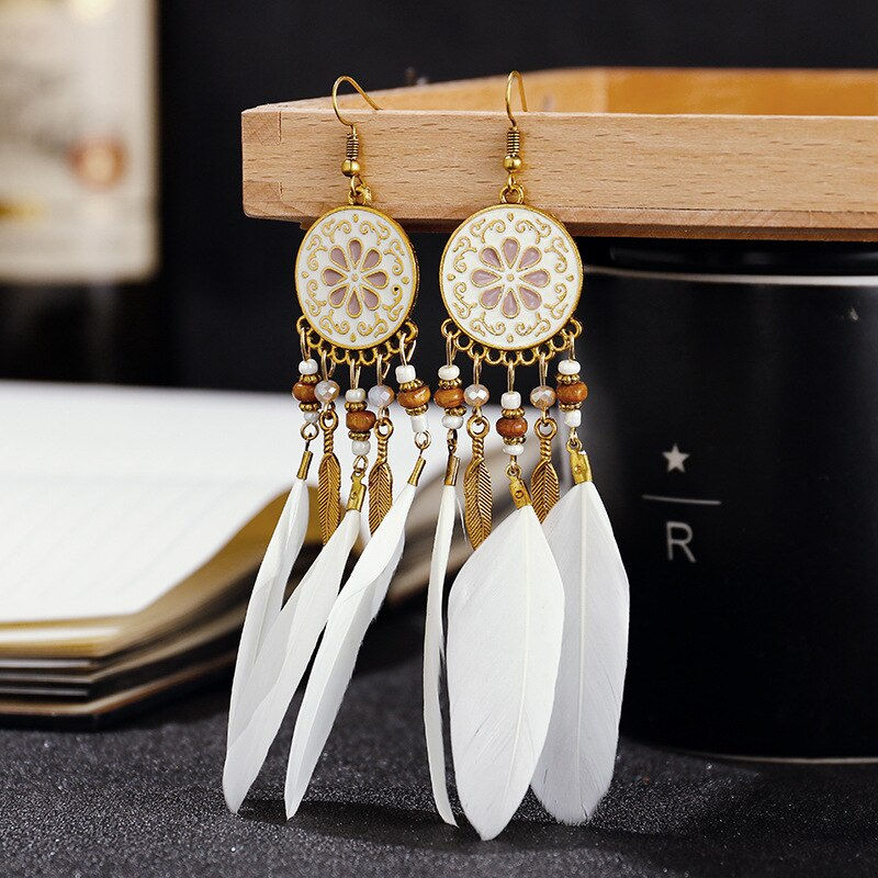 Thumbnail: Boho Long Feather Dangle Women's Earrings Beach Long Tassel Beads