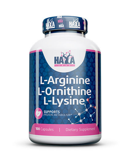 HAYA LABS L-Arginine / L-Ornithine / L-Lysine / 100 Caps. Front View