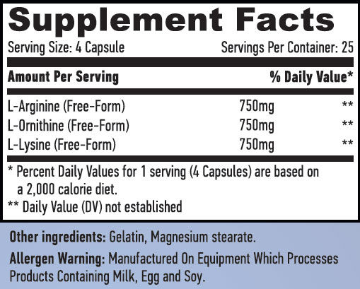 HAYA LABS L-Arginine / L-Ornithine / L-Lysine / 100 Caps. Съдържание
