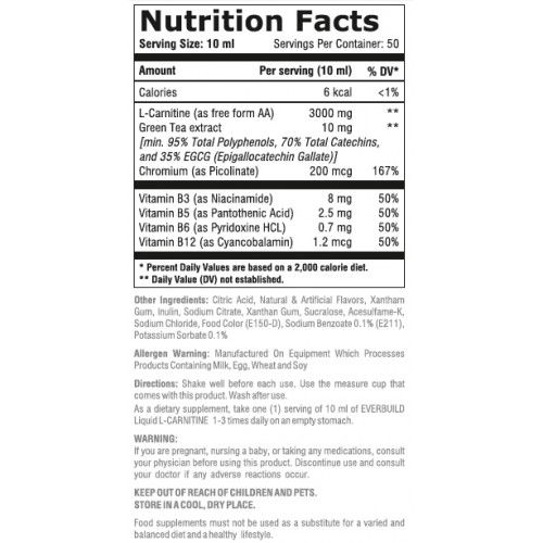 EVERBUILD Liquid Л-Карнетин 3000mg + Зелен чай Съдържание