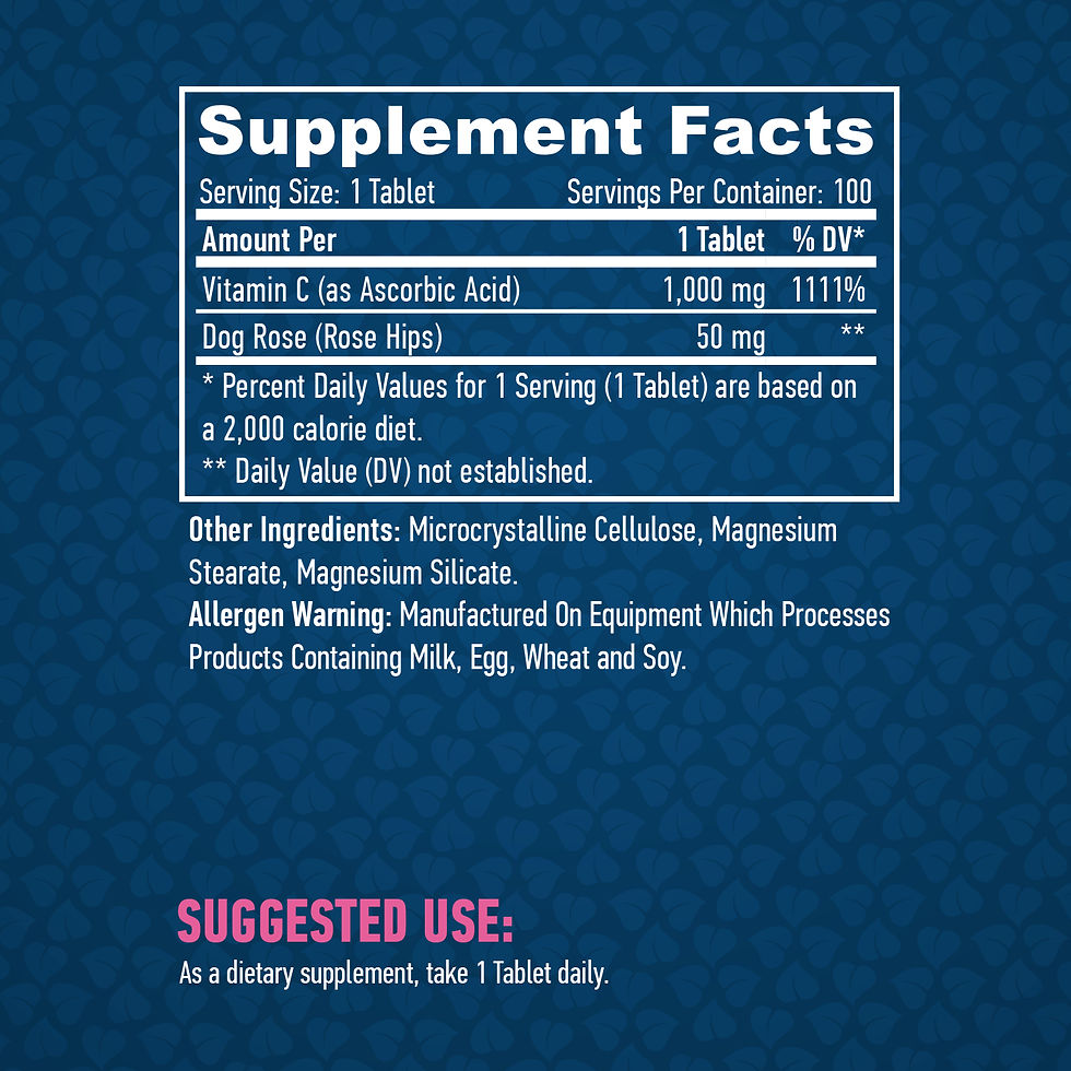HAYA LABS High Potency Vitamin C 1,000mg with Rose Hips 100 tabs. Съдържание