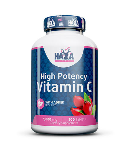 HAYA LABS High Potency Vitamin C 1,000mg with Rose Hips 100 tabs. Front View