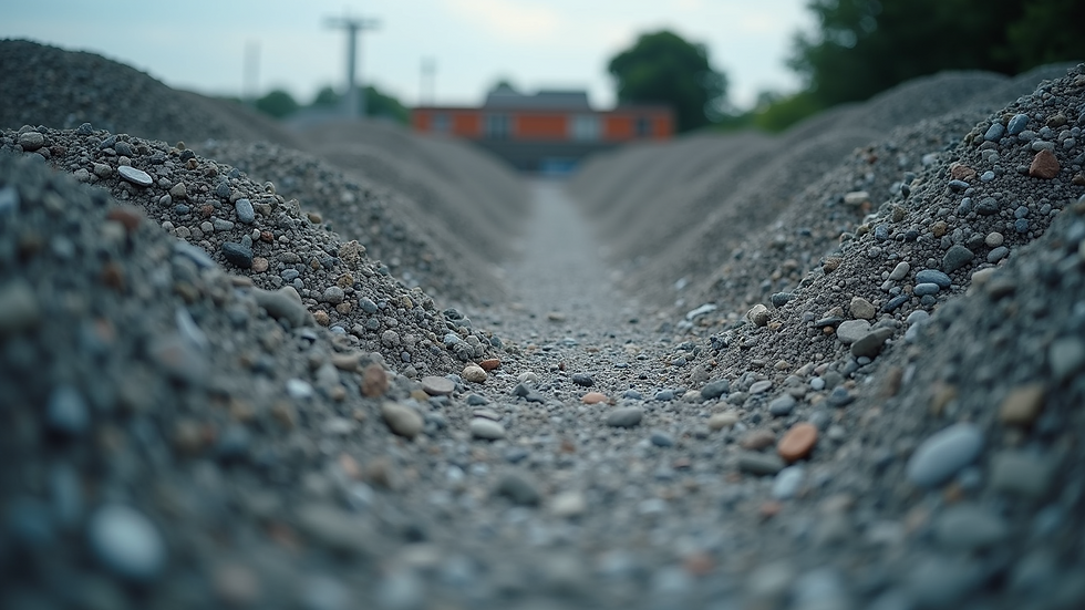 Eye-level view of a recycling facility with crushed concrete and asphalt