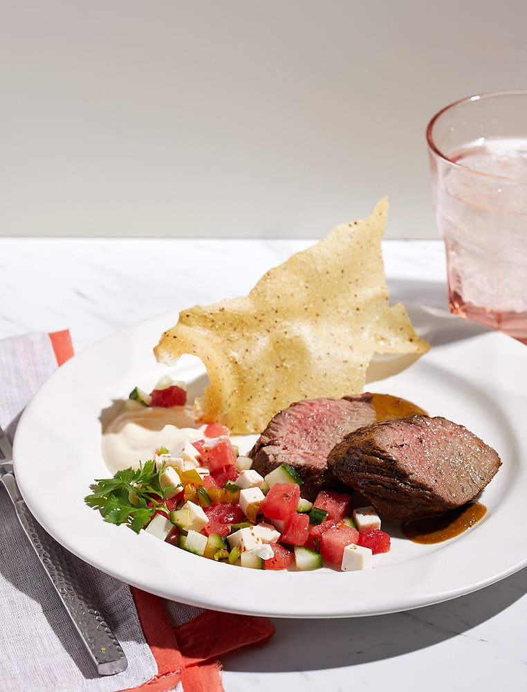 Marinated Bistro Filet with Tofu Mousse, Watermelon Salad and Tofu Chip