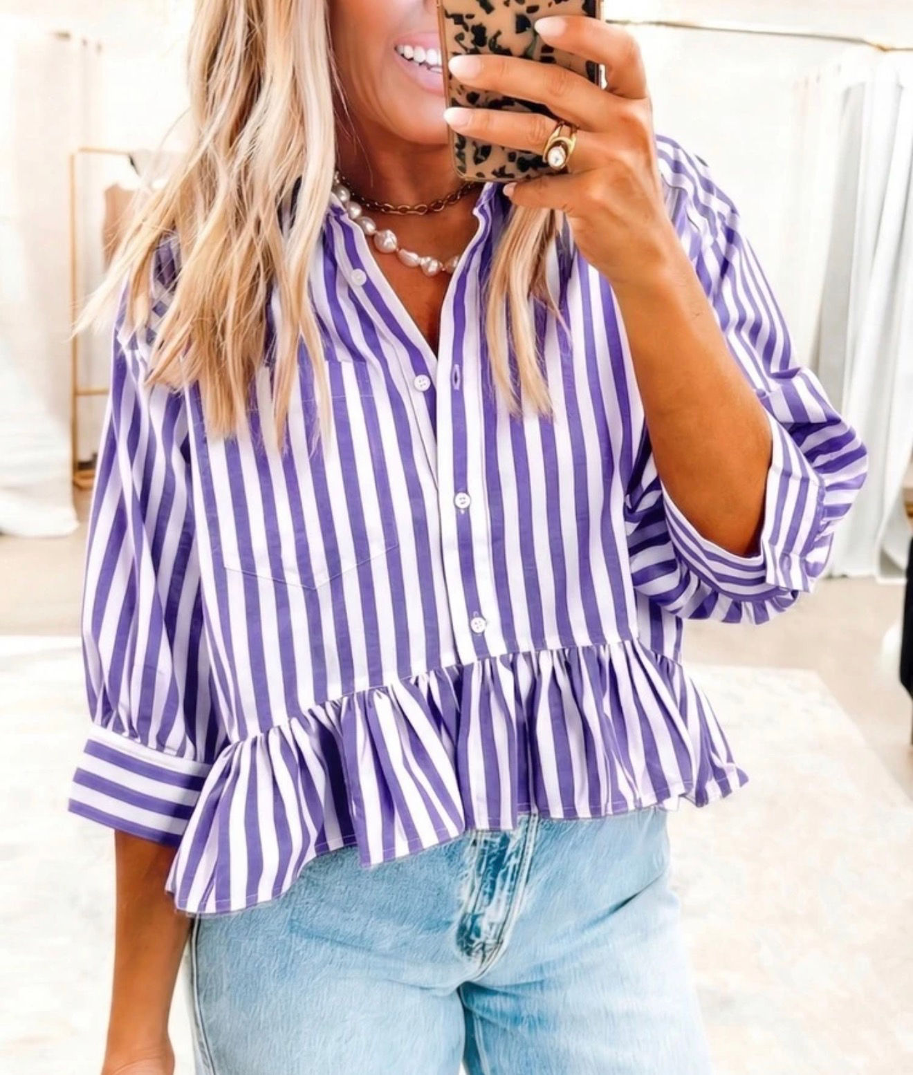 Purple stripe ruffle hem top