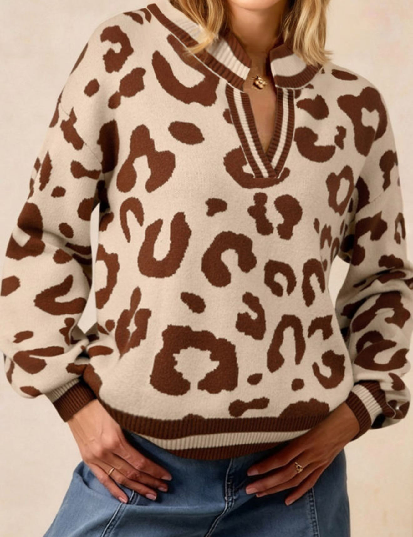 Beige leopard print vneck sweater