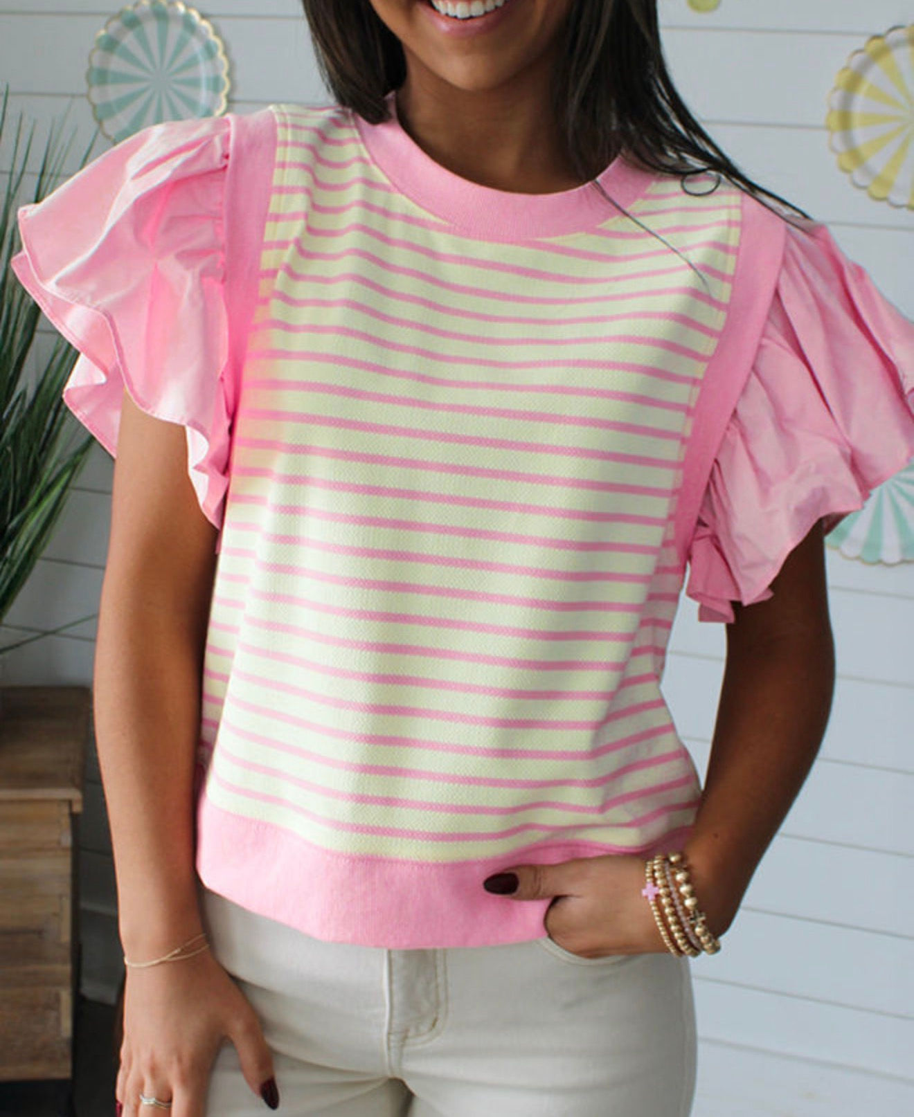 Pink stripe ruffle sleeve top