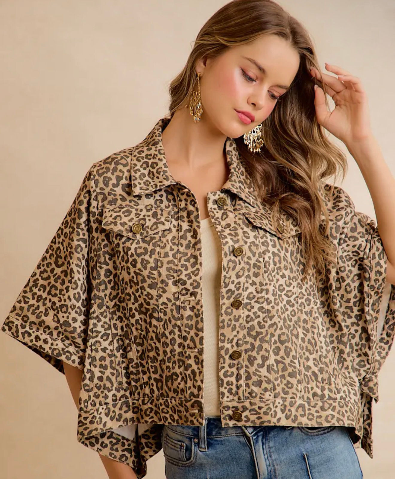  I I leopard print denim cape jacket 
