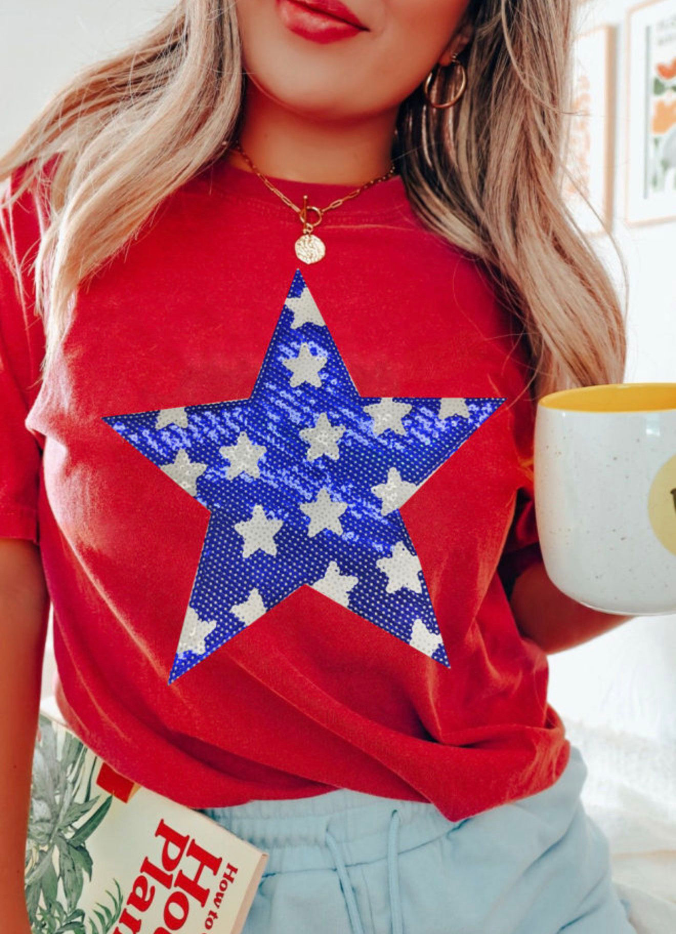 Red Sequin Star Graphic Crewneck T Shirt