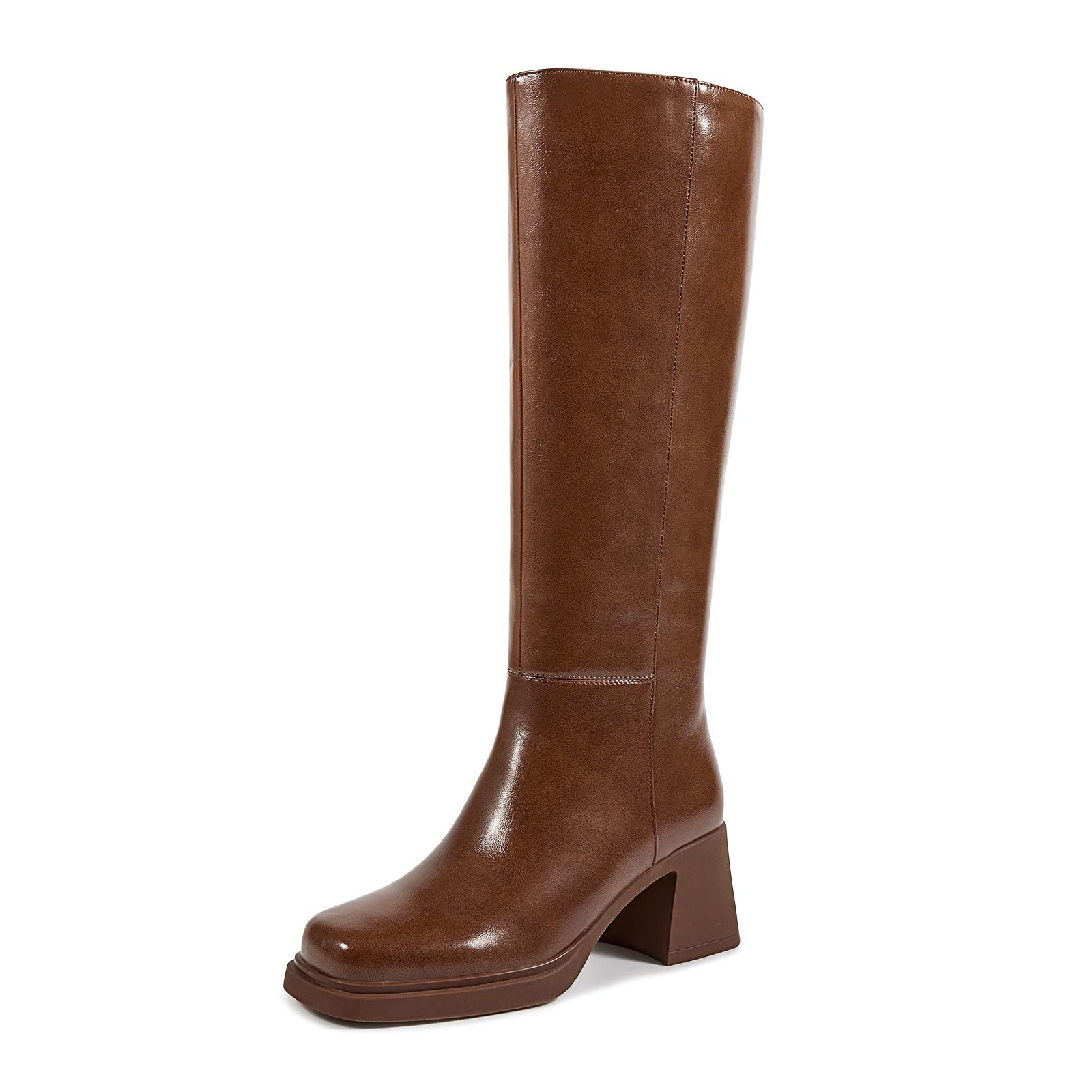 ISNOM Brown Knee High Boots for Women Chunky Heel Boots Platform Boots Fall Boot
