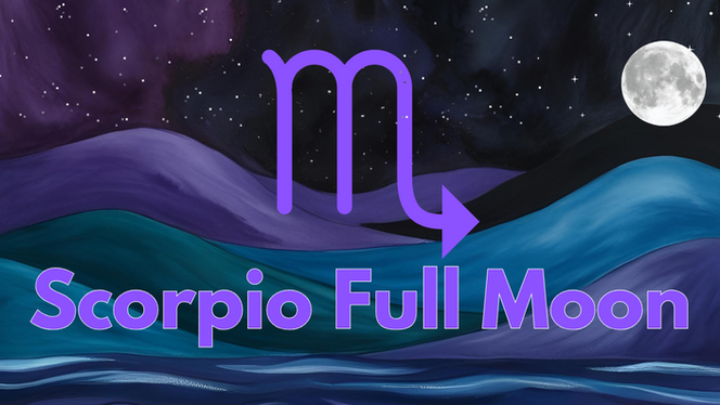 Scorpio full moon, deep waters under a full moon with the Scorpio glyph.