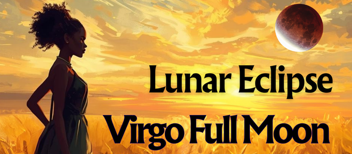 Virgo Full Moon Maiden Goddess of the harvest in a wheat field under a full moon lunar eclipse also known as the blood moon.