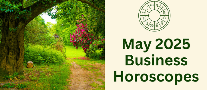May 2025 business horoscopes. A fertile forest with a grassy meadow in the background, a large tree over a path with a red flowering bush.