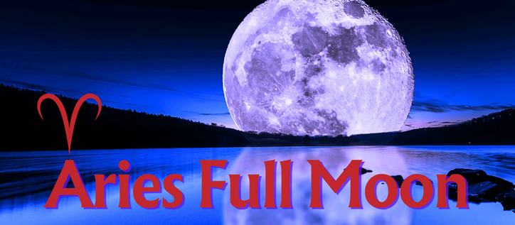 A full super moon on the horizon over a forest and water with its reflection on the water. Aries Full Moon text and Aries glyph.