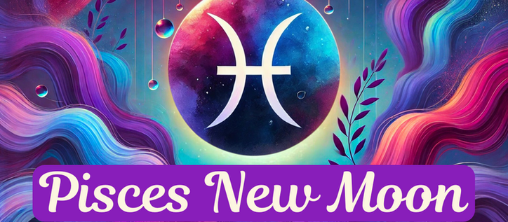 Pisces New Moon with Pisces Glyph and colorful waves and swirls