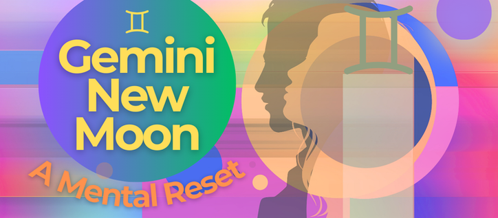 Gemini new moon: a mental reset with two silhouette faces and gemini glyph