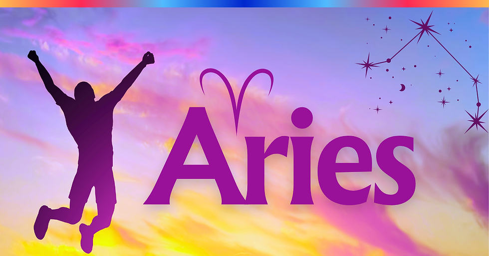 Aries sign glyph and constellation with a beautiful orange, pink, and yellow sky with the shadow of a person jumping in the air with their arms out.