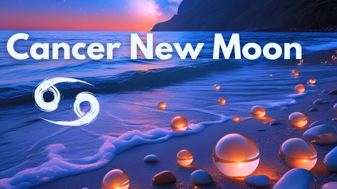 Cancer New Moon, ocean, pretty globe spheres glowing on the beach
