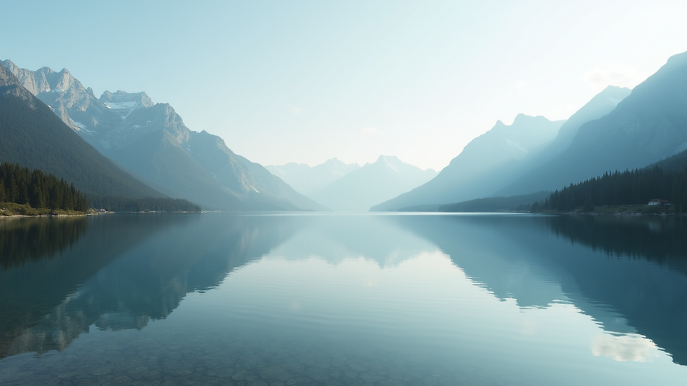 Wide angle view of a serene landscape with a calm lake and mountains in the background