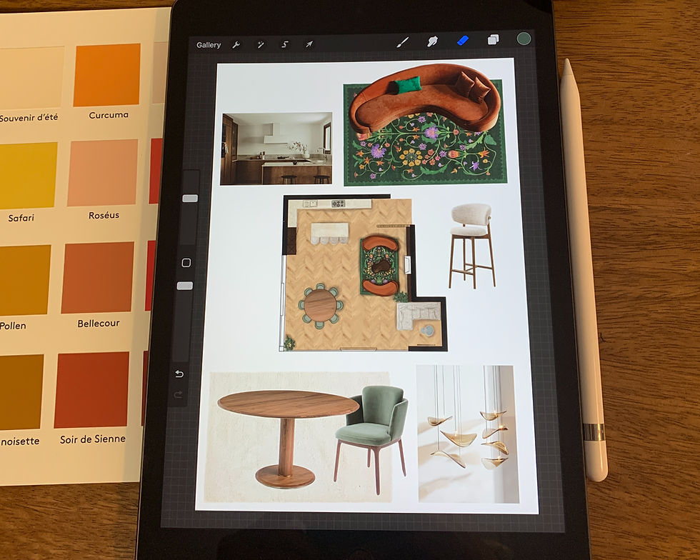 Interior Designer color palette, moodboard and 2D plan layout hand-drawn by Stella Studio Interior Designer in Geneva