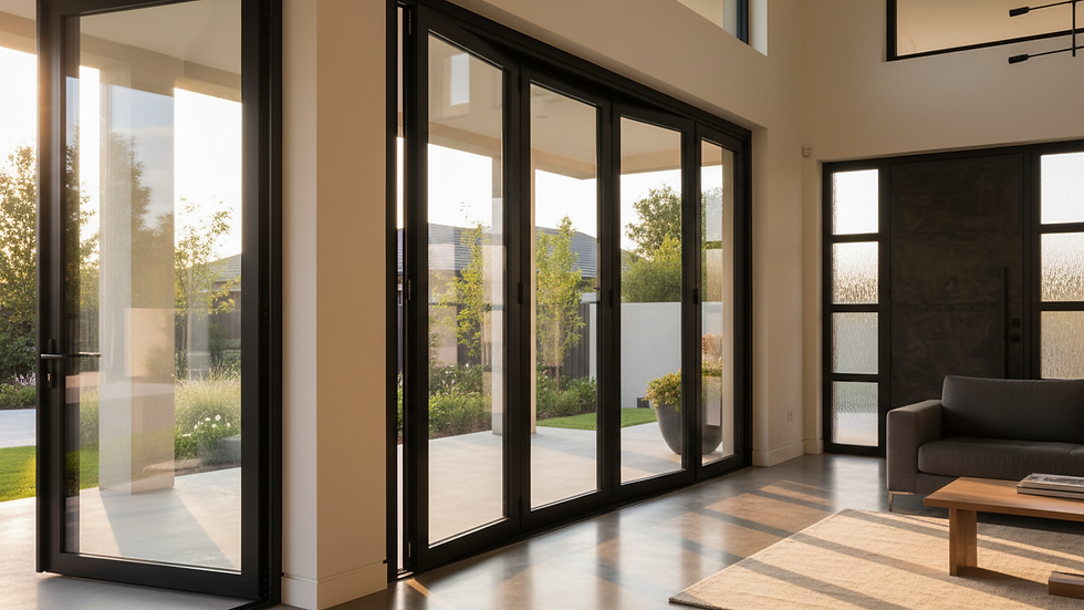 Close-up view of a black aluminum bifold door with glass panels in a modern home