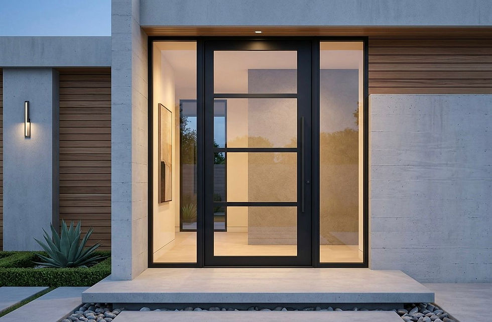 Black aluminum glass entry door with horizontal grid lites, lit at dusk