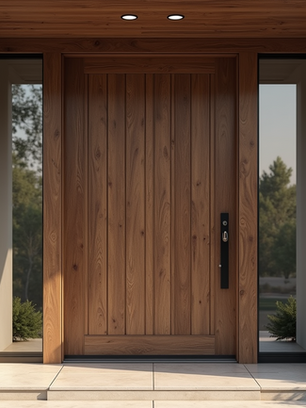 Modern wood entry door with vertical panels and minimalist design – Cornerstone Windows & Doors