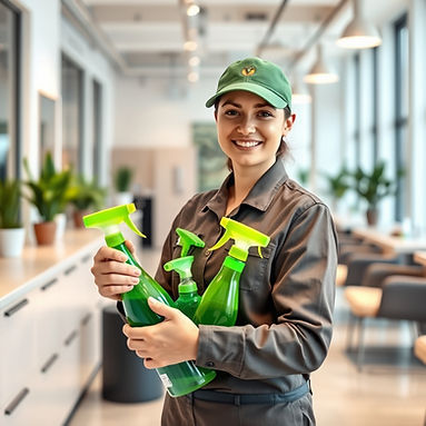 A team member in uniform holding green cleaning supplies__•_A smiling cleaner working in a