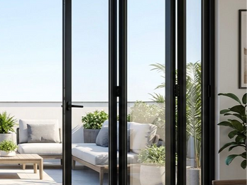 Contemporary folding glass doors with slim aluminum frames and clean finish