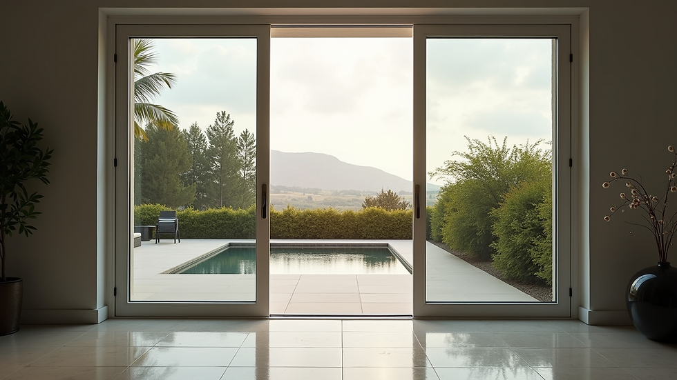 Eye-level view of modern aluminum sliding door opening to a patio