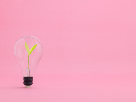 A light bulb with a green plant shoot inside with a pink backgrouns